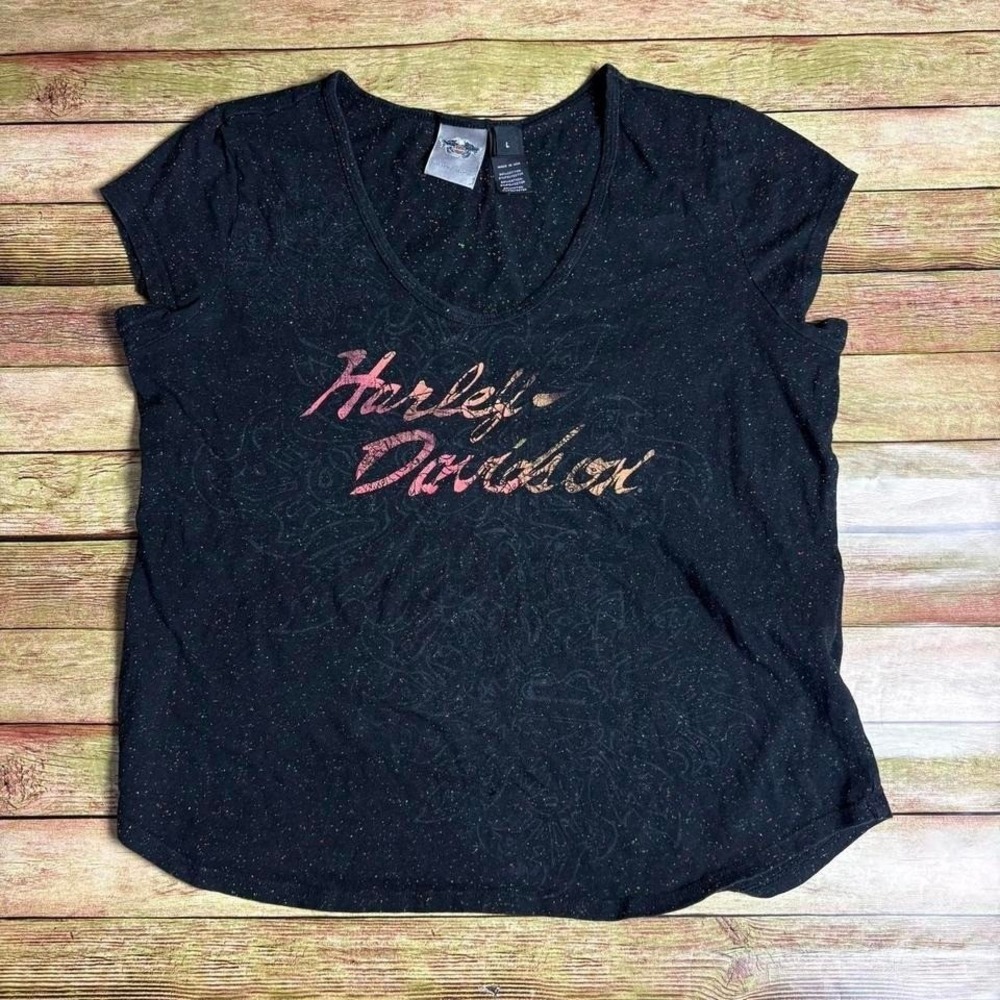 Harley Davidson black & multi colored speckled y2k graphic t-shirt small hole